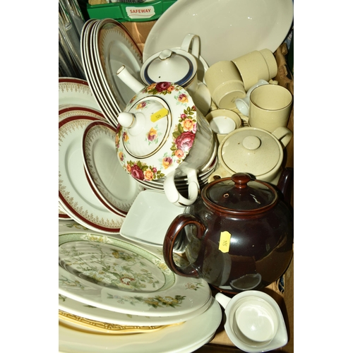 524 - FIVE BOXES OF HOMEWARE AND GLASSWARE, to include various named teapots, Sadler, Paragon, Royal Suthe... 