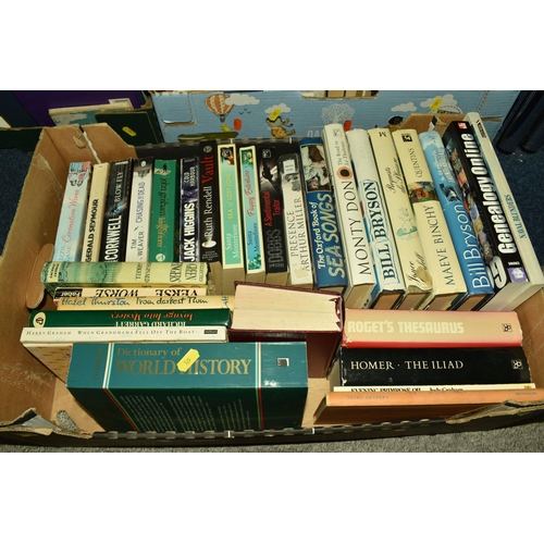 525 - FIVE BOXES OF BOOKS, subjects include places, history, gardening, novels, autobiographies, poetry et... 