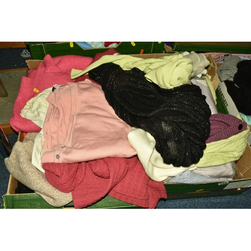 526 - SEVEN BOXES OF LADIES' CLOTHES, included ladies' jumpers and cardigans, various sizes small medium a... 