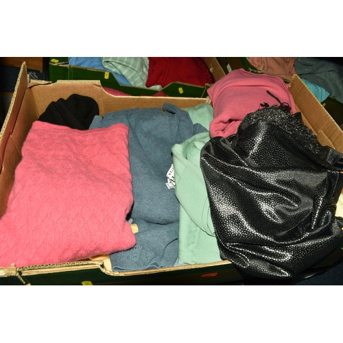 526 - SEVEN BOXES OF LADIES' CLOTHES, included ladies' jumpers and cardigans, various sizes small medium a... 