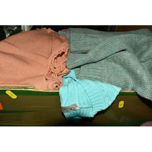 526 - SEVEN BOXES OF LADIES' CLOTHES, included ladies' jumpers and cardigans, various sizes small medium a... 