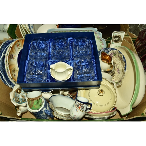 527 - FIVE BOXES AND LOOSE CERAMIC AND GLASS KITCHEN WARE to include a four person breakfast set of Royal ... 