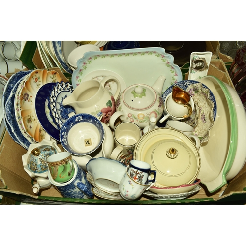 527 - FIVE BOXES AND LOOSE CERAMIC AND GLASS KITCHEN WARE to include a four person breakfast set of Royal ... 