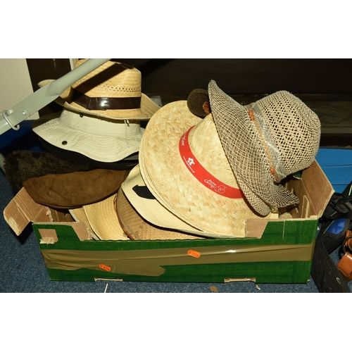 528 - FOUR BOXES AND LOOSE HATS, BAGS, AND SEA ACCESSORIES to include a box of bags comprising approximate... 