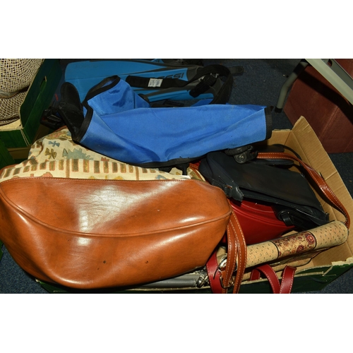 528 - FOUR BOXES AND LOOSE HATS, BAGS, AND SEA ACCESSORIES to include a box of bags comprising approximate... 