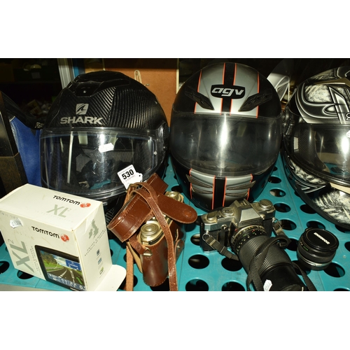 530 - A LARGE QUANTITY OF MOTORCYCLE WEAR, VINTAGE CAMERAS, ETC to include seven helmets comprising three ... 