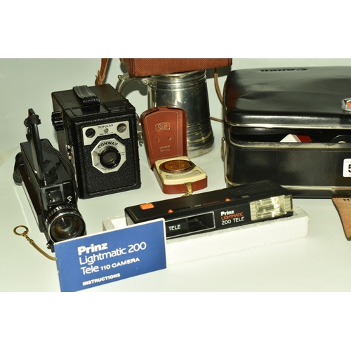 546 - A BOX AND LOOSE OF VINTAGE CAMERAS AND METALWARE to include a Canon Super Eight video camera in orig... 