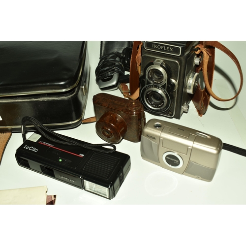 546 - A BOX AND LOOSE OF VINTAGE CAMERAS AND METALWARE to include a Canon Super Eight video camera in orig... 