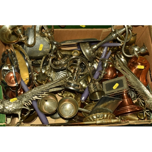 548 - TWO BOXES OF METALWARE, to include brass hunting horn, silver coloured candelabra, pheasant sculptur... 