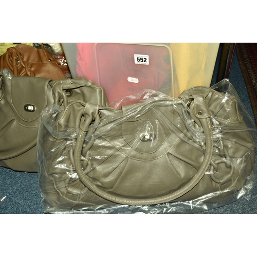 552 - THREE BOXES OF MIXED HANDBAGS, to include a mixed selection of sizes from large to small crossover b... 