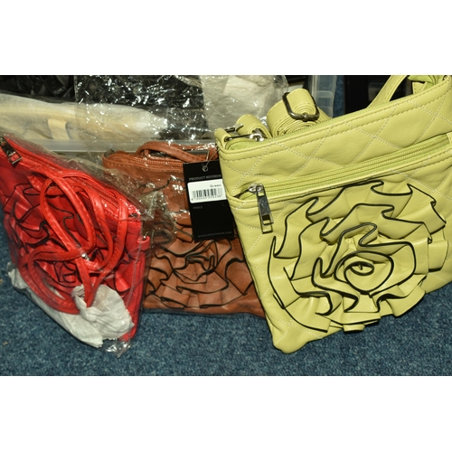 552 - THREE BOXES OF MIXED HANDBAGS, to include a mixed selection of sizes from large to small crossover b... 