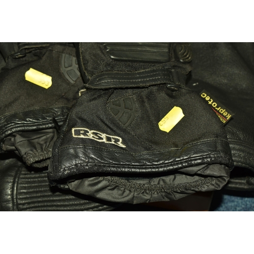 553 - A SET OF MEN'S MOTORBIKE LEATHERS, comprising a pair of 'TT Leathers' black leather trousers, UK siz... 