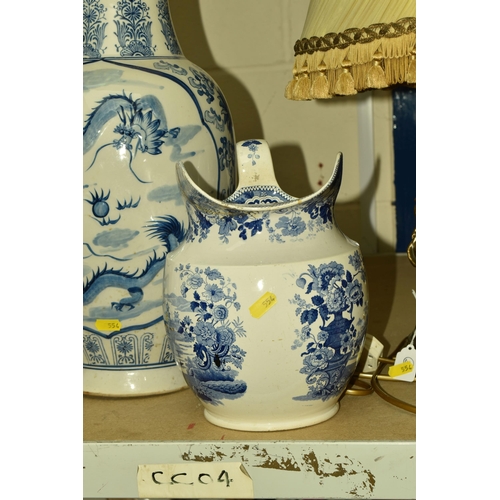 554 - A COLLECTION OF CERAMICS AND TABLE LAMPS, comprising a large blue and white Oriental vase decorated ... 