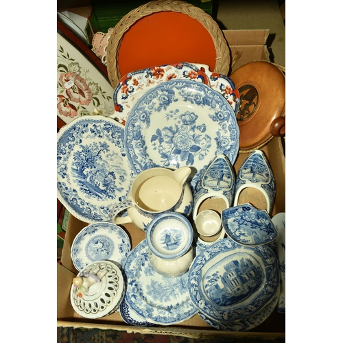 558 - THREE BOXES OF CERAMICS, to include Copeland & Garrett 'New Blanche' cabinet plate, two square Amher... 