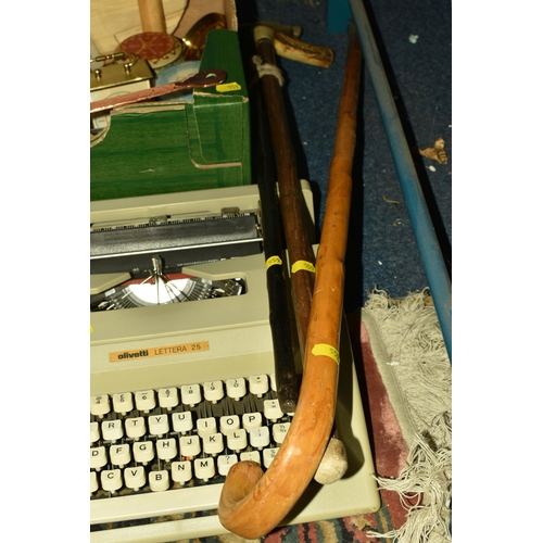 559 - ONE BOX AND LOOSE MISCELLANEOUS SUNDRIES, to include three walking sticks, an Olivetti Lettera 25 ty... 