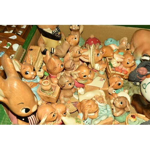 564 - FOUR BOXES AND LOOSE CERAMICS, to include a collection of ceramic and pottery piggies, a large colle... 