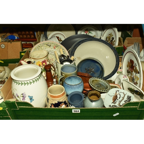 564 - FOUR BOXES AND LOOSE CERAMICS, to include a collection of ceramic and pottery piggies, a large colle... 