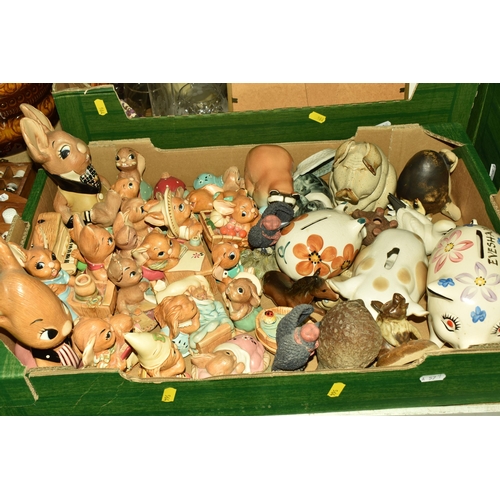 564 - FOUR BOXES AND LOOSE CERAMICS, to include a collection of ceramic and pottery piggies, a large colle... 