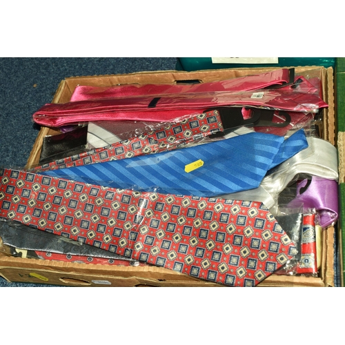 565 - TWO BOXES AND LOOSE UNUSED NECK TIES, SCARVES, SHOP FITTINGS, to include an unopened box of twenty f... 