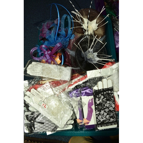 568 - FIVE BOXES AND LOOSE LADIES HATS, GLOVES AND FASCINATORS, to include a quantity of unused ladies cel... 