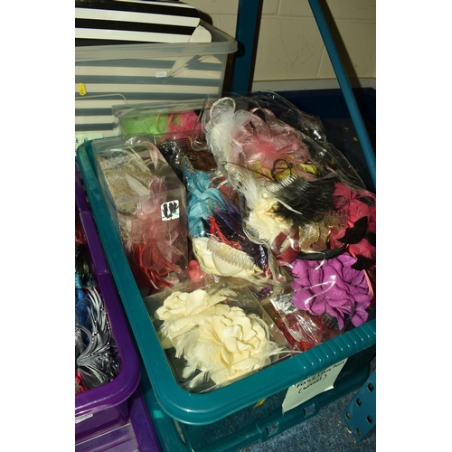 568 - FIVE BOXES AND LOOSE LADIES HATS, GLOVES AND FASCINATORS, to include a quantity of unused ladies cel... 