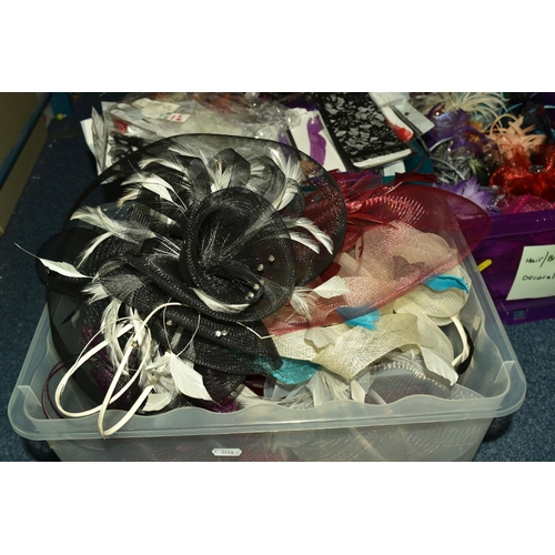 568 - FIVE BOXES AND LOOSE LADIES HATS, GLOVES AND FASCINATORS, to include a quantity of unused ladies cel... 