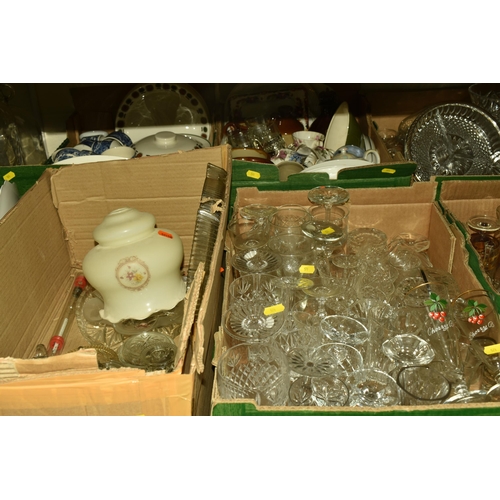 571 - SEVEN BOXES AND LOOSE CERAMICS AND GLASSWARE, to include, four large glass bottles, named dinnerware... 