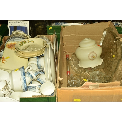 571 - SEVEN BOXES AND LOOSE CERAMICS AND GLASSWARE, to include, four large glass bottles, named dinnerware... 