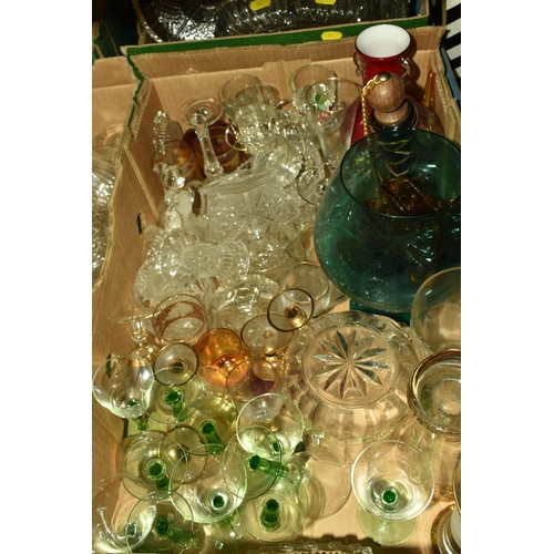 571 - SEVEN BOXES AND LOOSE CERAMICS AND GLASSWARE, to include, four large glass bottles, named dinnerware... 