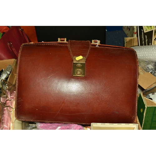 573 - TWO BOXES AND LOOSE BAGS AND SUNDRIES, to include eight handbags, a large brief case, vintage doctor... 