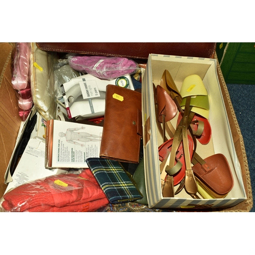 573 - TWO BOXES AND LOOSE BAGS AND SUNDRIES, to include eight handbags, a large brief case, vintage doctor... 