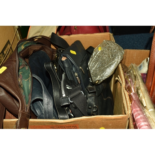 573 - TWO BOXES AND LOOSE BAGS AND SUNDRIES, to include eight handbags, a large brief case, vintage doctor... 