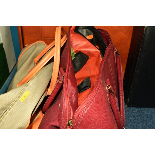 573 - TWO BOXES AND LOOSE BAGS AND SUNDRIES, to include eight handbags, a large brief case, vintage doctor... 