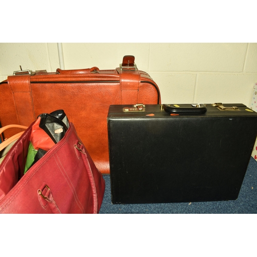 573 - TWO BOXES AND LOOSE BAGS AND SUNDRIES, to include eight handbags, a large brief case, vintage doctor... 