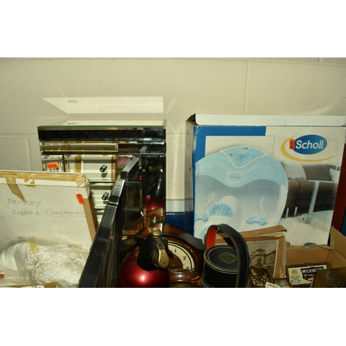 577 - TWO BOXES AND LOOSE MISCELLANEOUS SUNDRIES, Thunder Birds talking alarm clock, vintage singer sewing... 