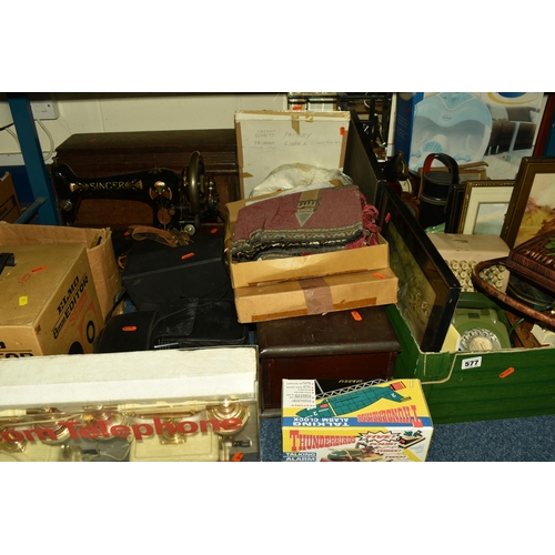 577 - TWO BOXES AND LOOSE MISCELLANEOUS SUNDRIES, Thunder Birds talking alarm clock, vintage singer sewing... 