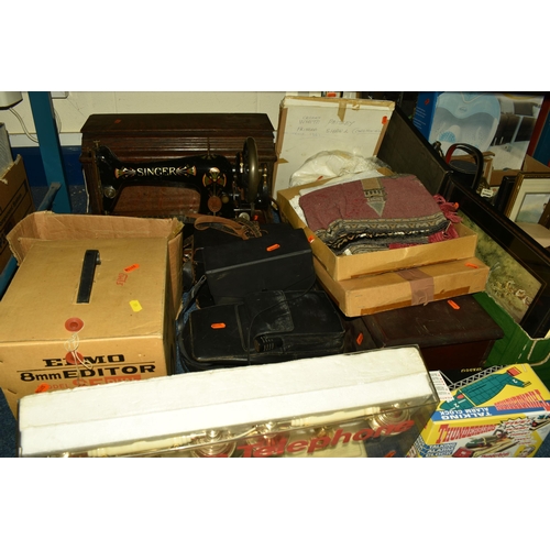 577 - TWO BOXES AND LOOSE MISCELLANEOUS SUNDRIES, Thunder Birds talking alarm clock, vintage singer sewing... 