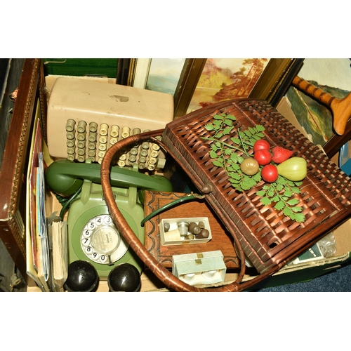 577 - TWO BOXES AND LOOSE MISCELLANEOUS SUNDRIES, Thunder Birds talking alarm clock, vintage singer sewing... 