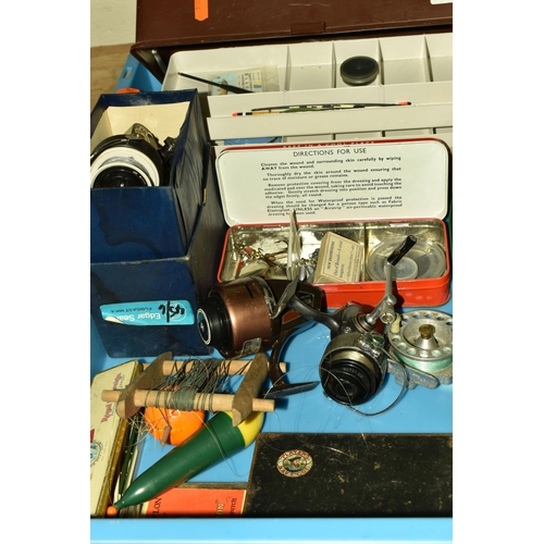 584 - A BOX AND LOOSE FISHING EQUIPMENT, to include an unmarked fishing rod, and three unmarked rods with ... 