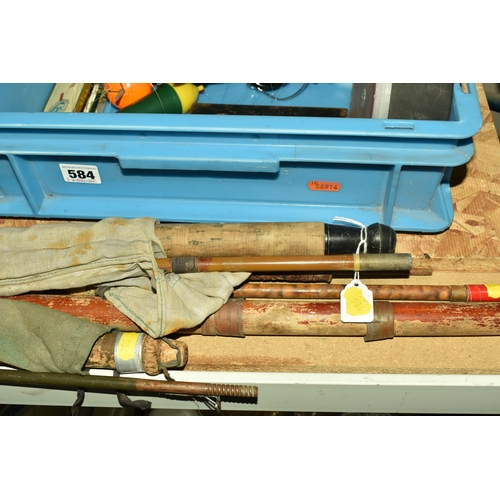 584 - A BOX AND LOOSE FISHING EQUIPMENT, to include an unmarked fishing rod, and three unmarked rods with ... 