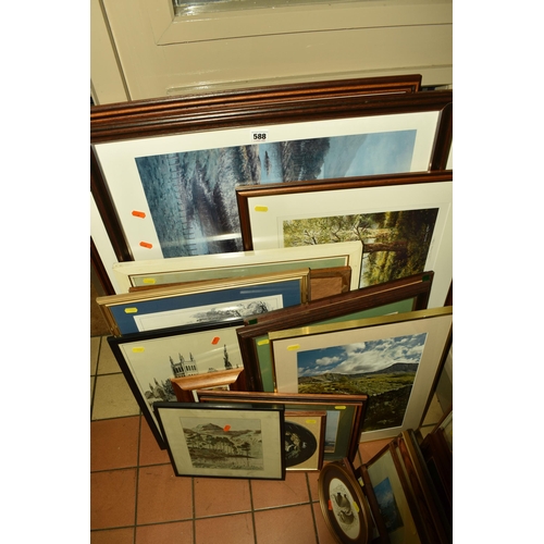 588 - A GROUP OF PICTURES AND PRINTS, to include a framed landscape pen and ink sketch 'Langdale Pikes fro... 