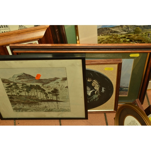 588 - A GROUP OF PICTURES AND PRINTS, to include a framed landscape pen and ink sketch 'Langdale Pikes fro... 