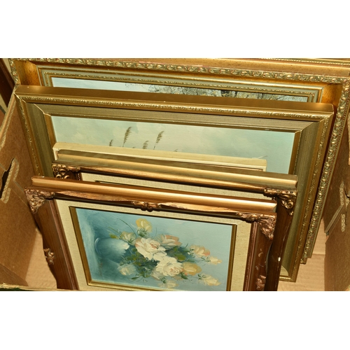 589 - A QUANTITY OF PAINTINGS AND PRINTS, to include decorative late 20th century oils on canvas and board... 