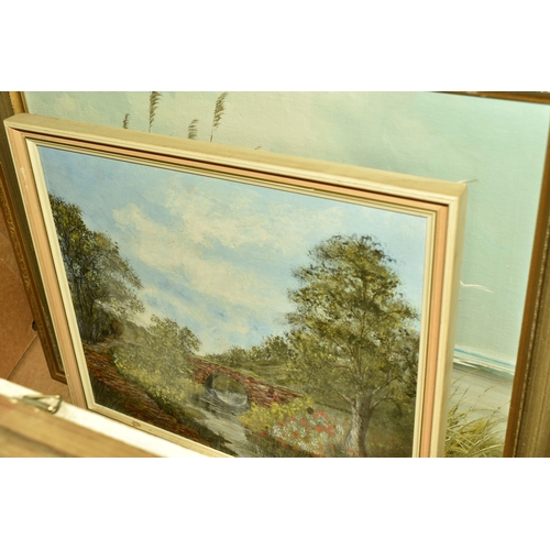 589 - A QUANTITY OF PAINTINGS AND PRINTS, to include decorative late 20th century oils on canvas and board... 