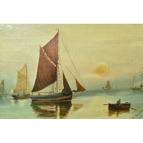 596 - H. MORRIS, A SEASCAPE OIL ON CANVAS, depicting sailing boats and a single rowing boat, signed bottom... 