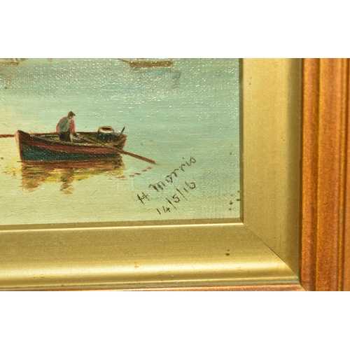 596 - H. MORRIS, A SEASCAPE OIL ON CANVAS, depicting sailing boats and a single rowing boat, signed bottom... 