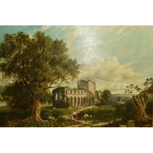 597 - JOHN JOSEPH HUGHES (BRITISH 1820-1909) 'BUILDWAS ABBEY', two figures sit in a pastoral landscape bes... 