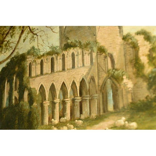 597 - JOHN JOSEPH HUGHES (BRITISH 1820-1909) 'BUILDWAS ABBEY', two figures sit in a pastoral landscape bes... 