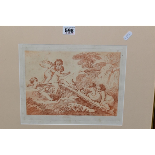 598 - FIVE ASSORTED PRINTS, including After Boucher, a sepia print titled 'La Balancour' Children in Natur... 