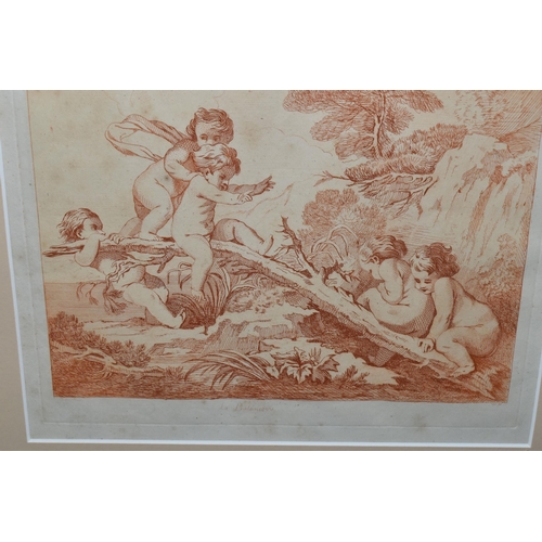 598 - FIVE ASSORTED PRINTS, including After Boucher, a sepia print titled 'La Balancour' Children in Natur... 